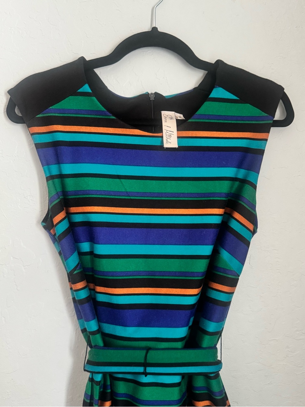 Emma & Michele Striped Crewneck Dress in Teal, Blue, Black & Orange